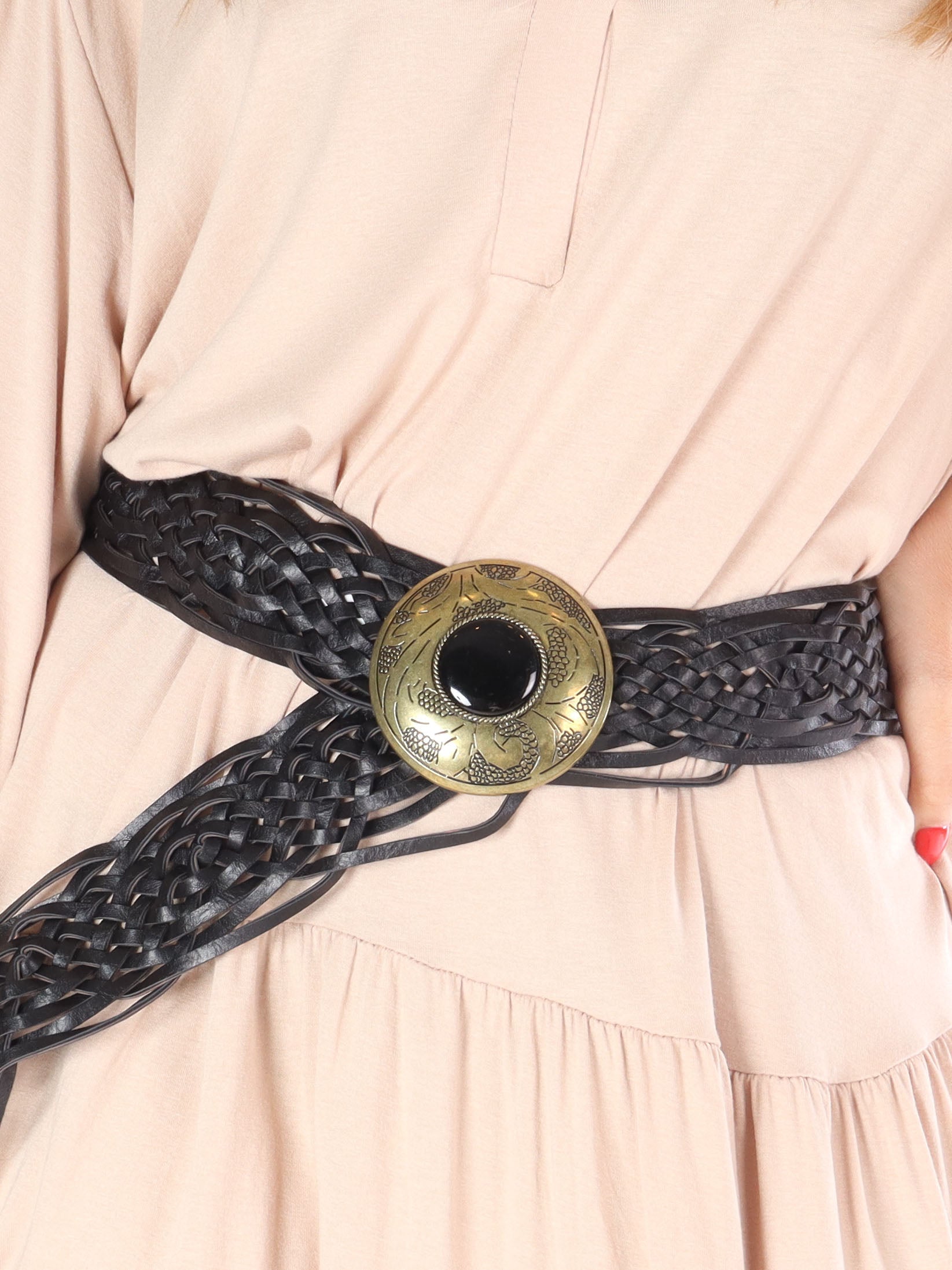 Sidsel - Sort flettet bælte med stort spænde